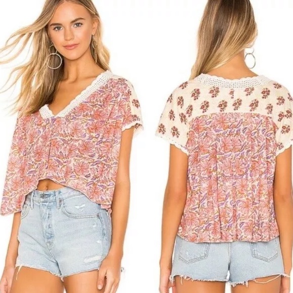 Free People Tea Combo Crochet Crop Top Blouse Pink - Picture 1 of 3